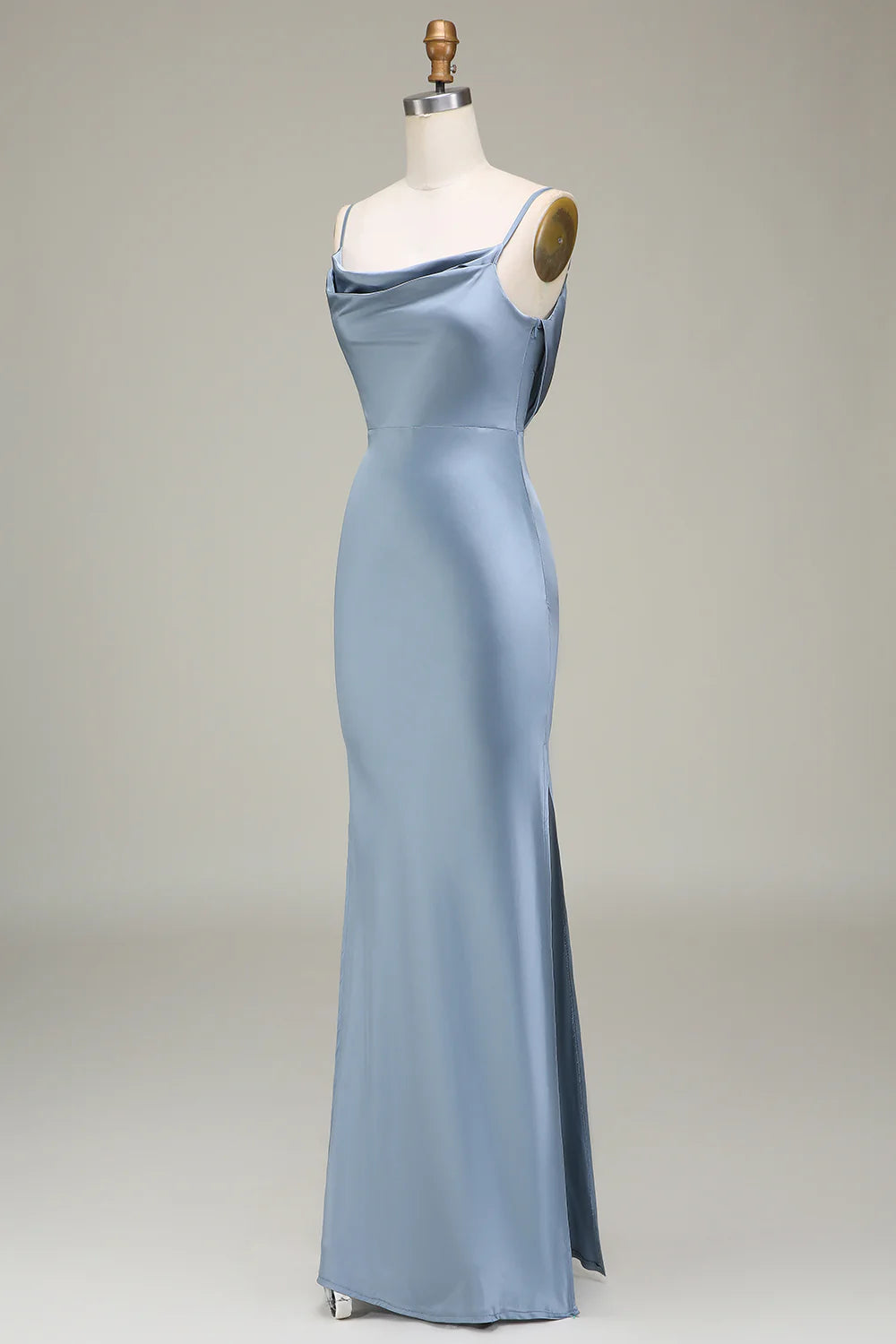 Dusty Blue Sheath Spaghetti Straps Long Satin Evening Dresses